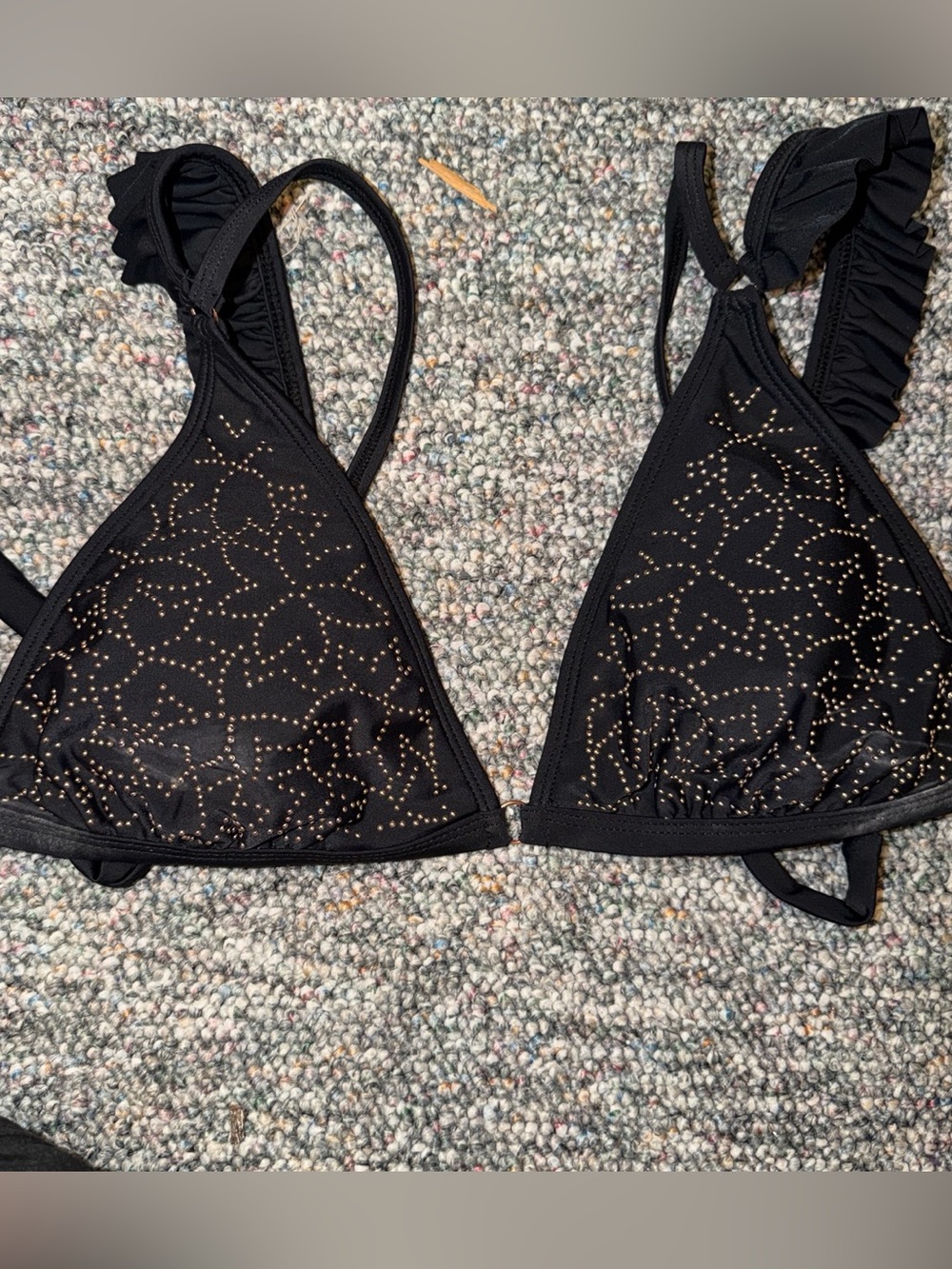 Women's Black Triangle Bikini Top with Gold Floral Stud Detail